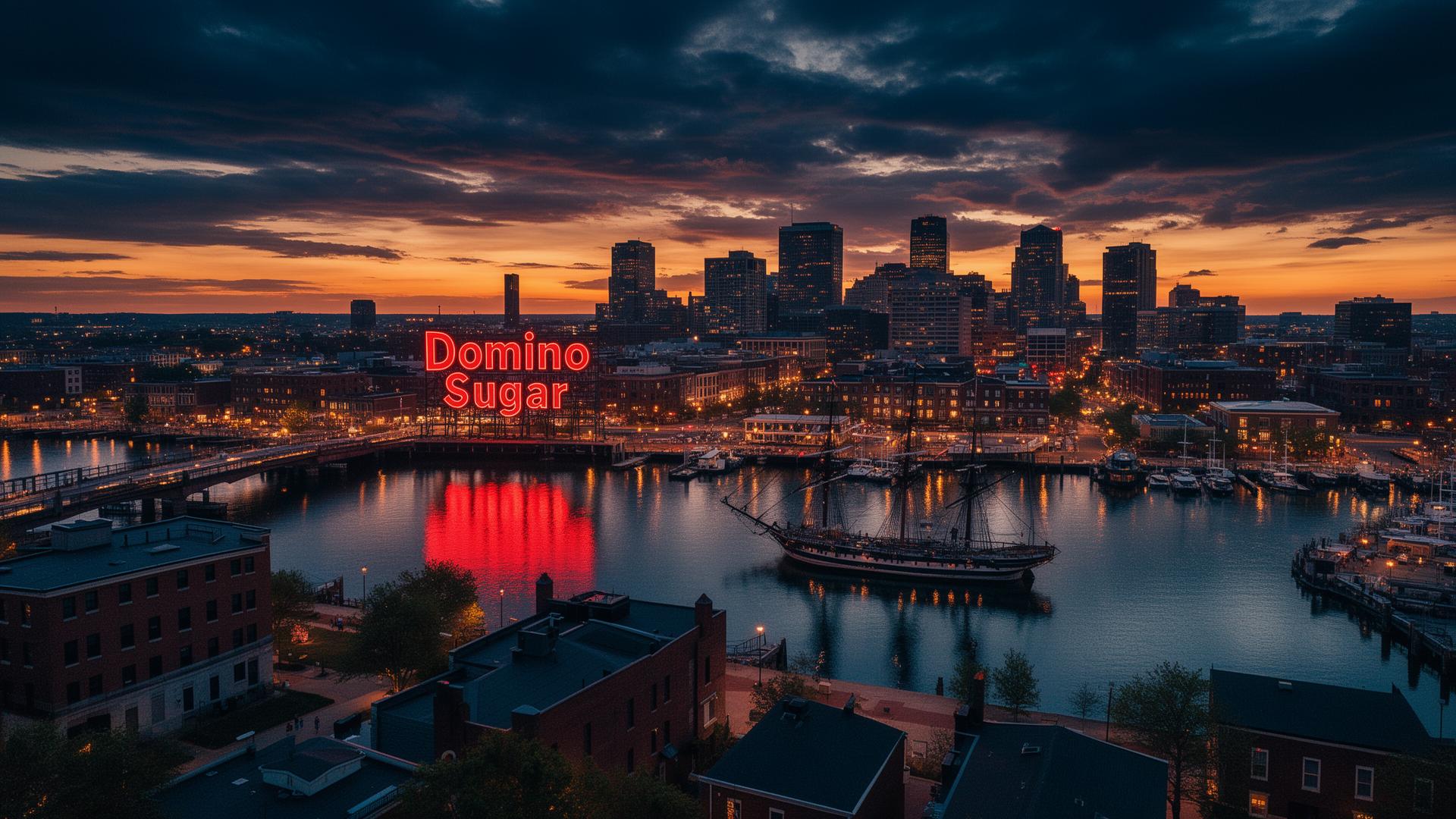 Baltimore Maryland Inner Harbor skyline at twilight